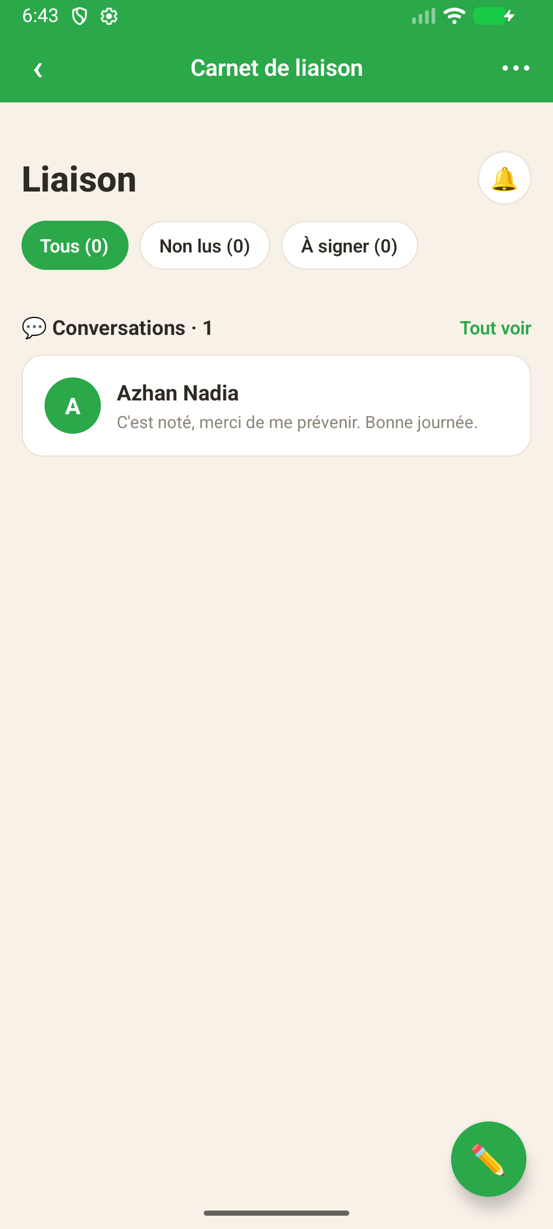 AppShell — Carnet de liaison (écran natif, données réelles)