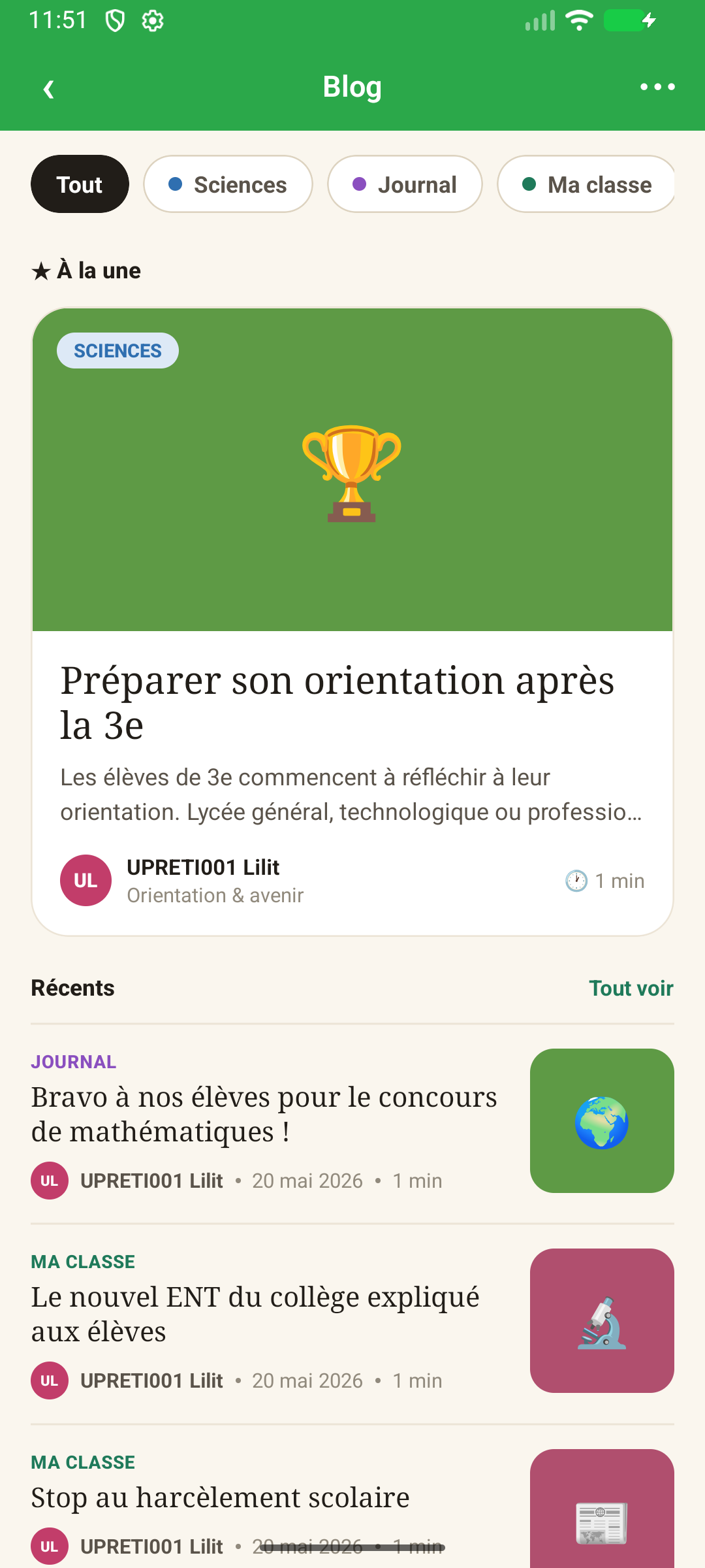 Blog natif — fil des articles réels (collège)