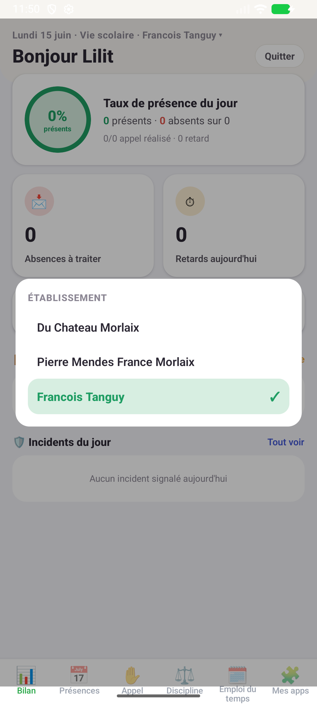 Sélecteur d'établissement (enseignant multi-collèges)