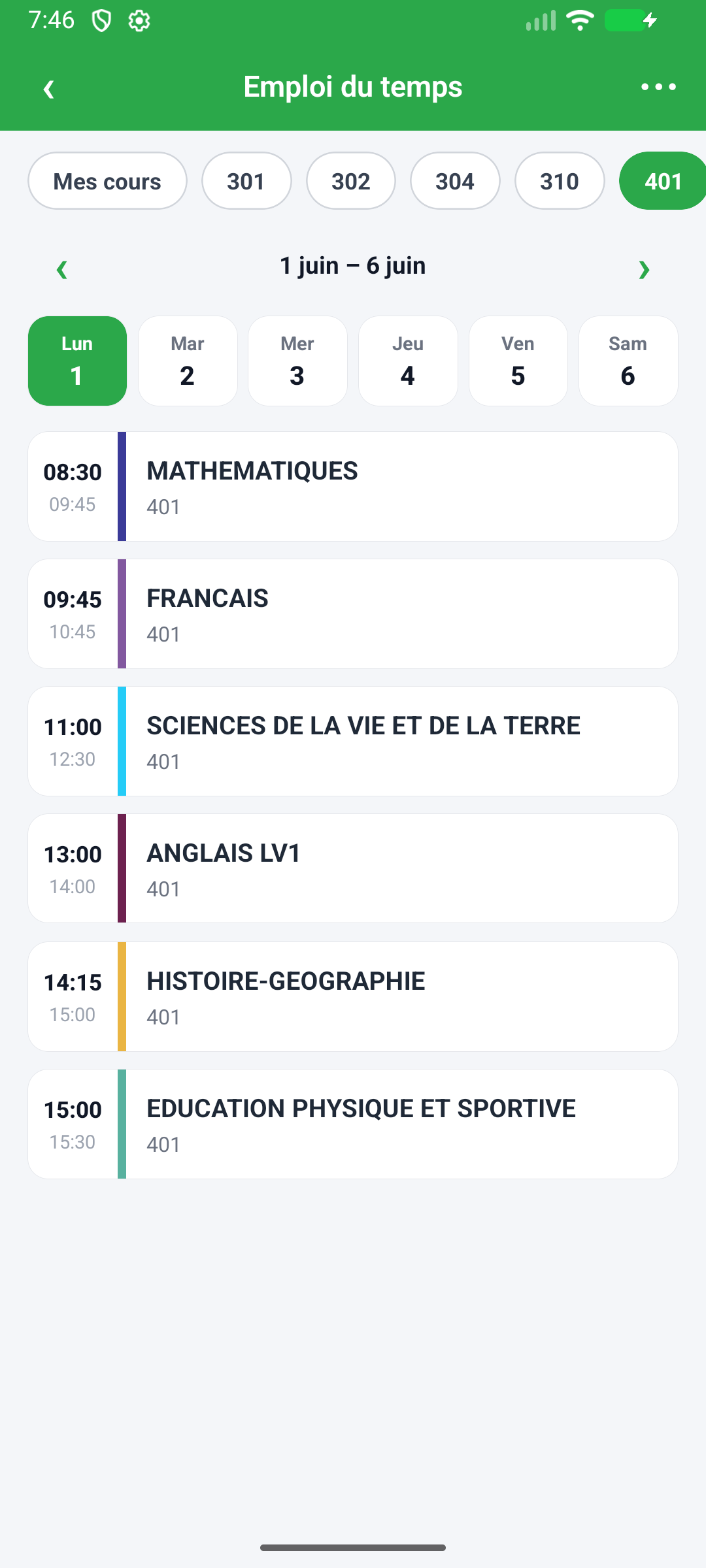 EDT natif — journée d'une classe (données réelles, collège)
