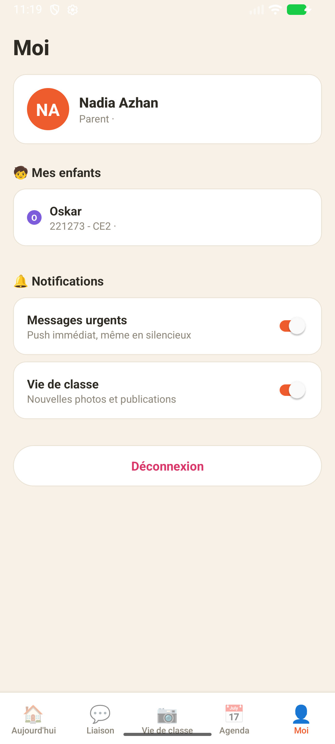 Moi : profil parent et enfant rattaché