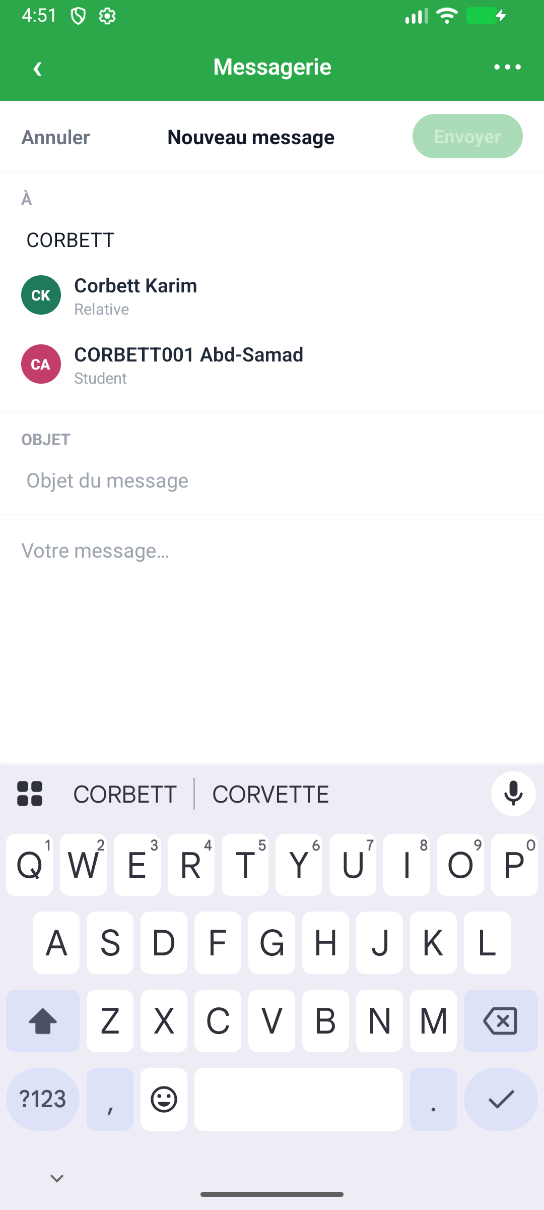 Recherche d'un destinataire (contacts visibles réels)