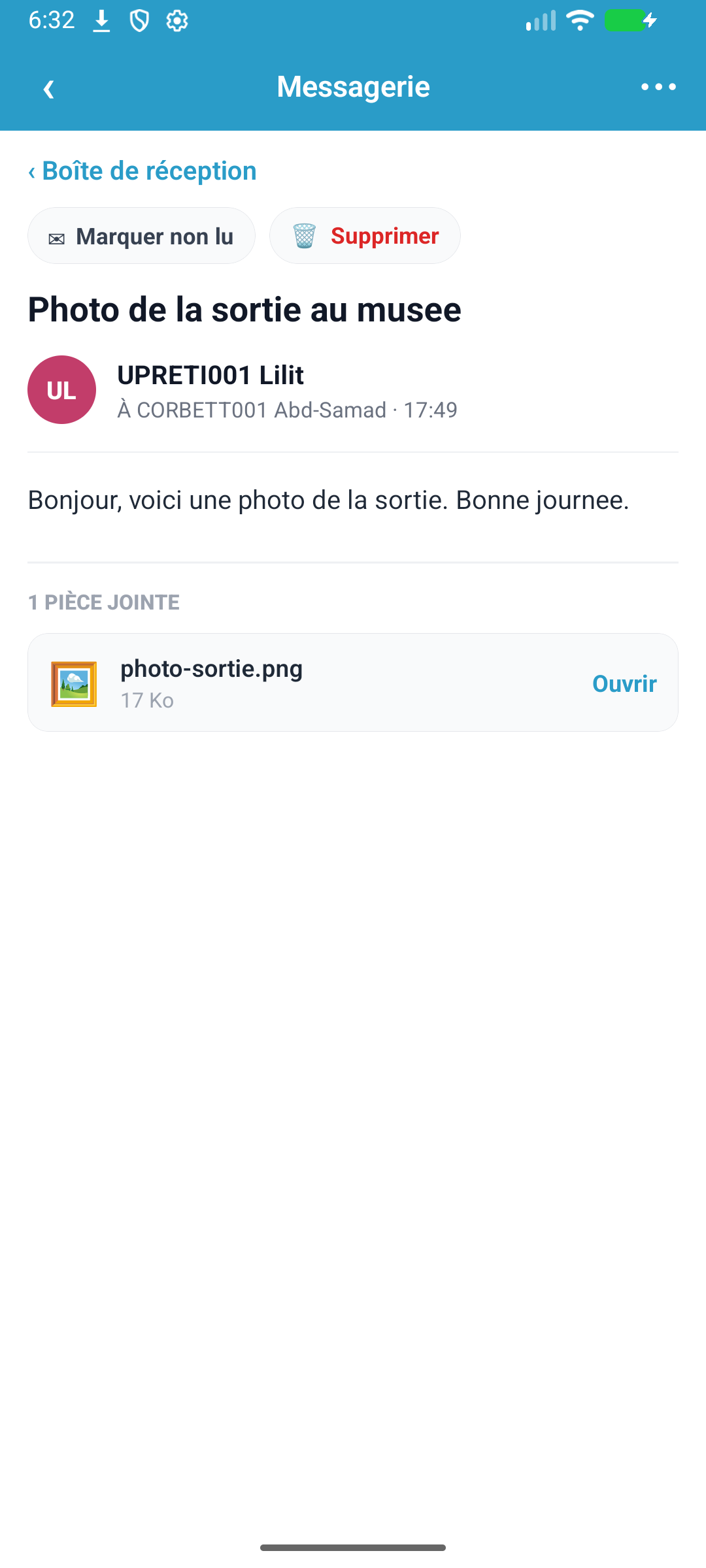 Actions sur un message (supprimer, marquer non lu)