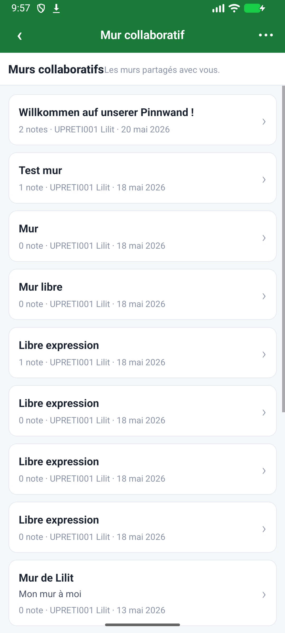 Murs partagés, avec leur nombre de notes