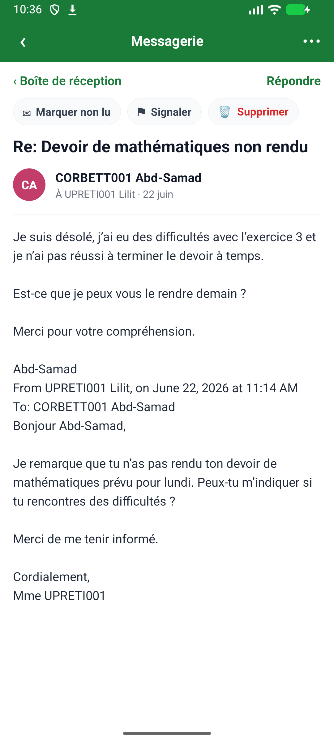 Notification de messagerie → le message, ouvert par son seul identifiant