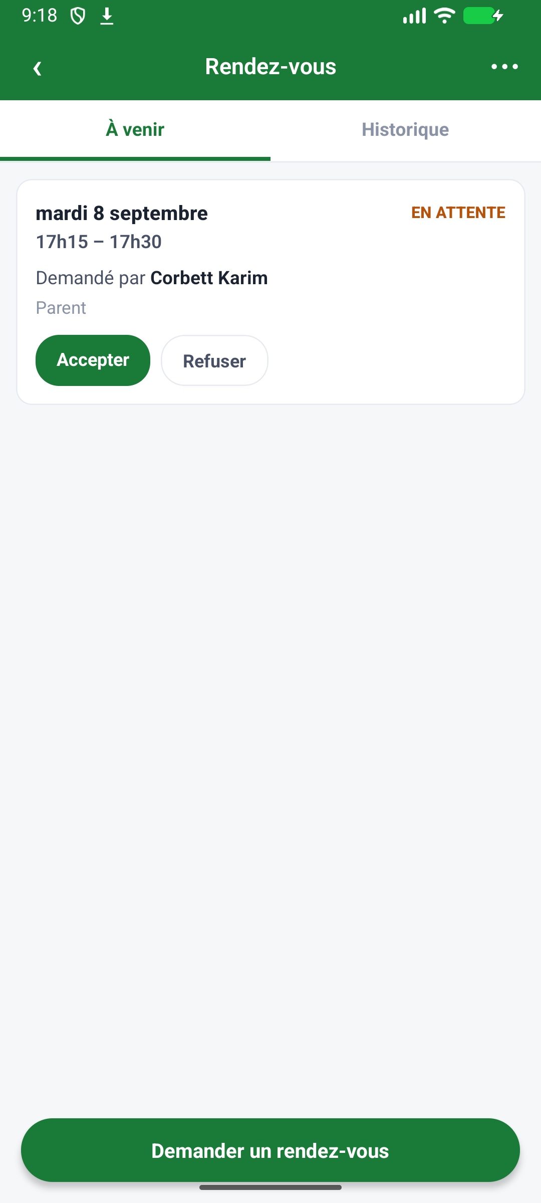 À venir — demande réelle d'un parent, en attente de décision