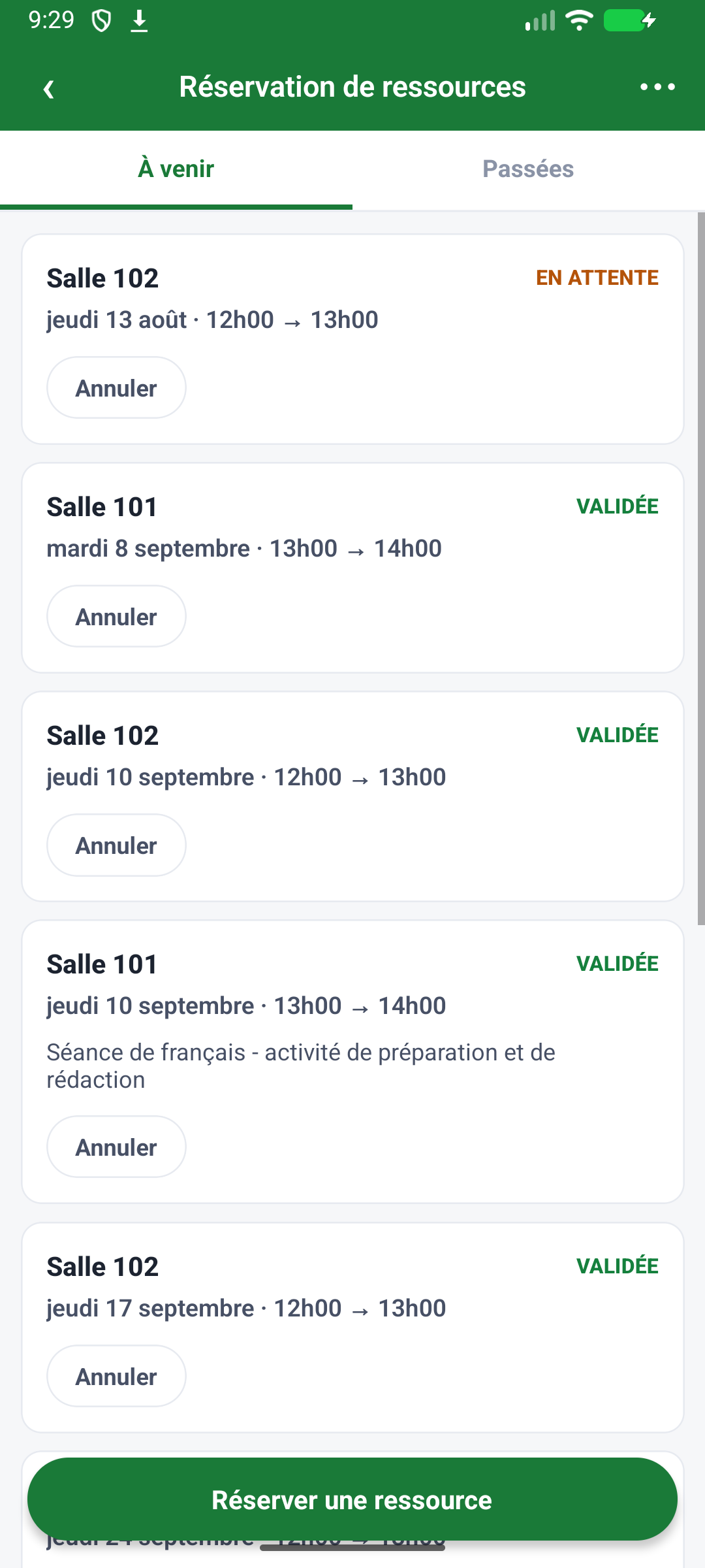 À venir — réservations réelles, états et motifs