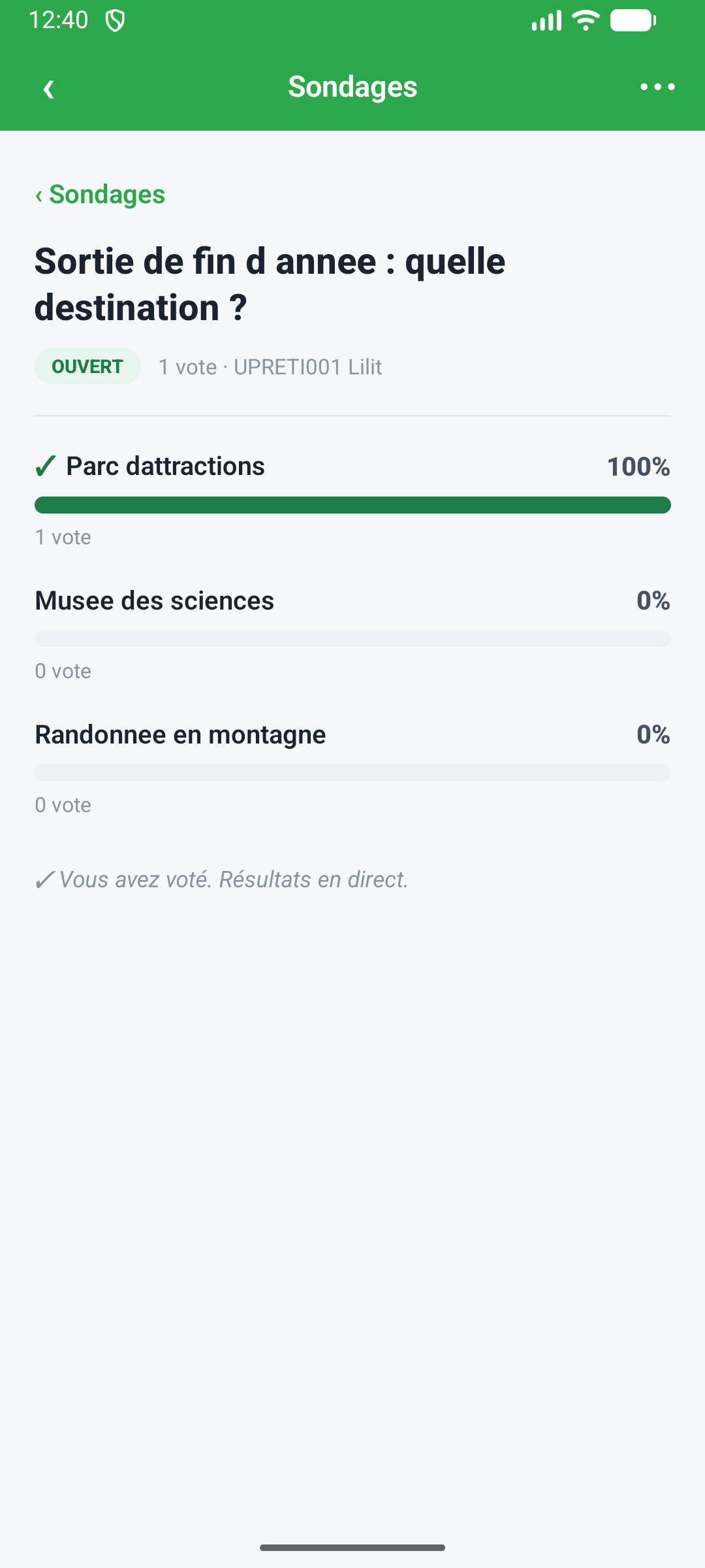 Vote enregistré : résultats en direct (sa réponse cochée)