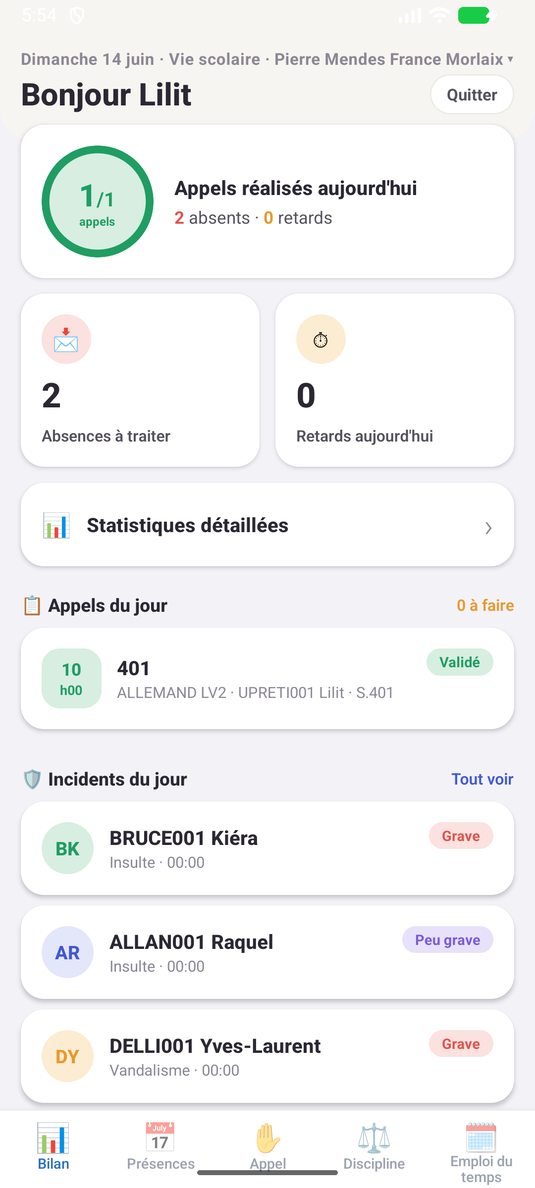 Bilan vie scolaire