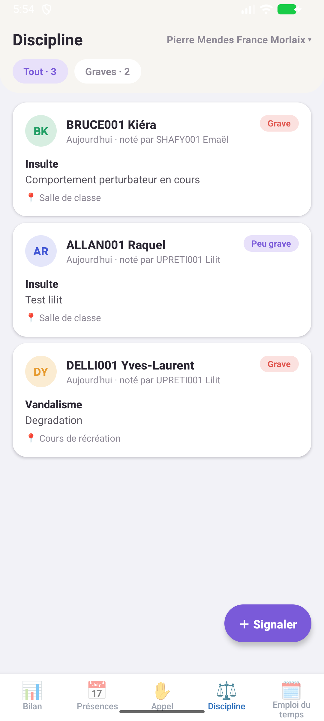Fil des incidents