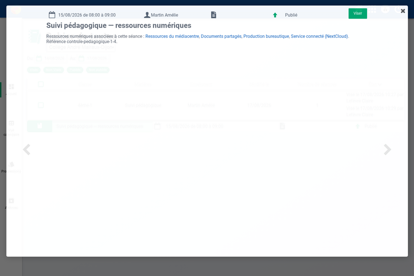 Séance consultée : contenu et ressources associées (médiacentre, espace documentaire, production bureautique, service connecté)