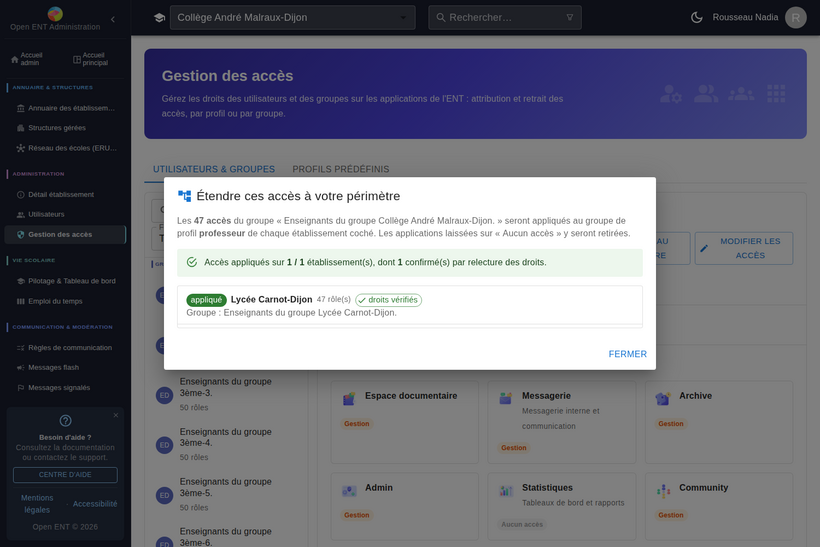 Compte rendu par établissement : statut « appliqué », nombre de rôles posés et confirmation « droits vérifiés » par relecture