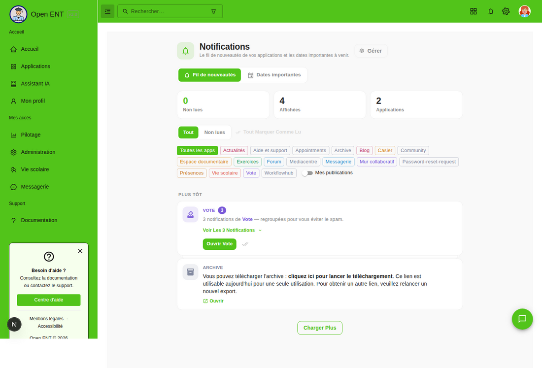 Fil de nouveautés — filtres par application, regroupement par période, pagination