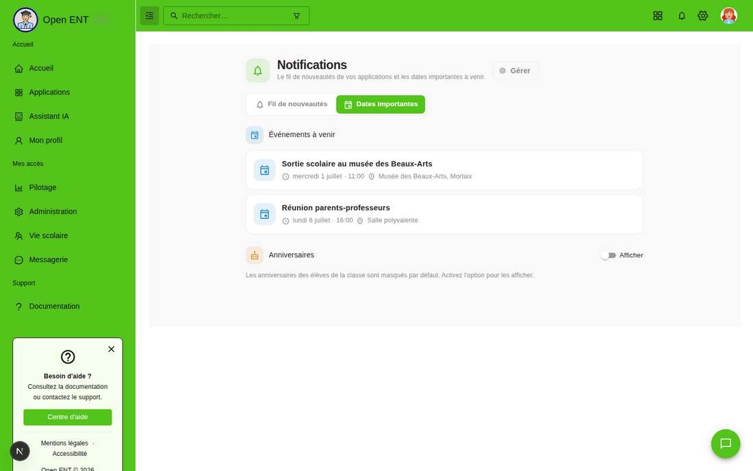 Dates importantes — événements à venir et anniversaires (option désactivée par défaut)