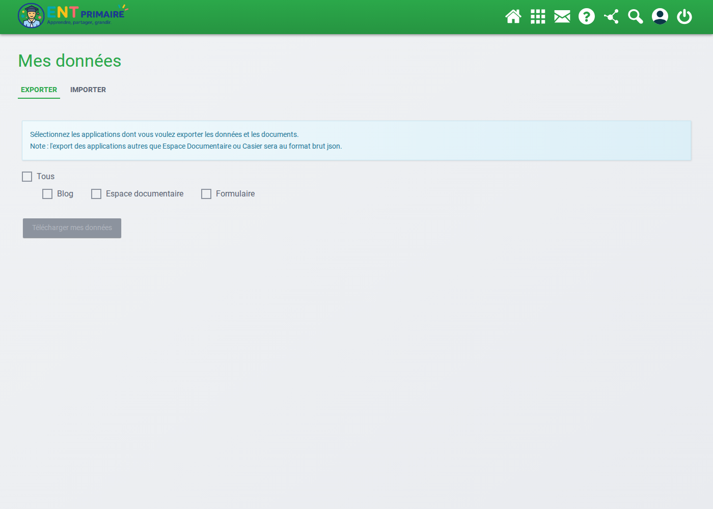 Mes données — Exporter : sélection des applications, description de l'export et bouton désactivé tant que rien n'est sélectionné (confirmation)