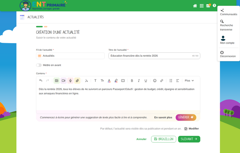 Rédaction d'une actualité dans l'éditeur