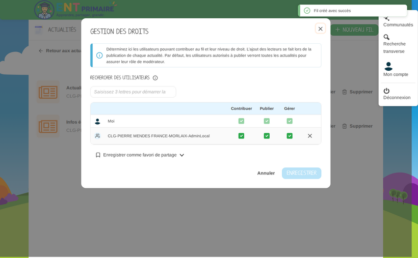 Partage du fil : droits contribuer / publier / gérer