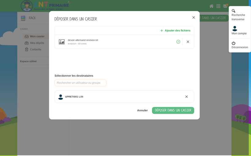 Rendre un devoir : fichier joint et professeur sélectionné