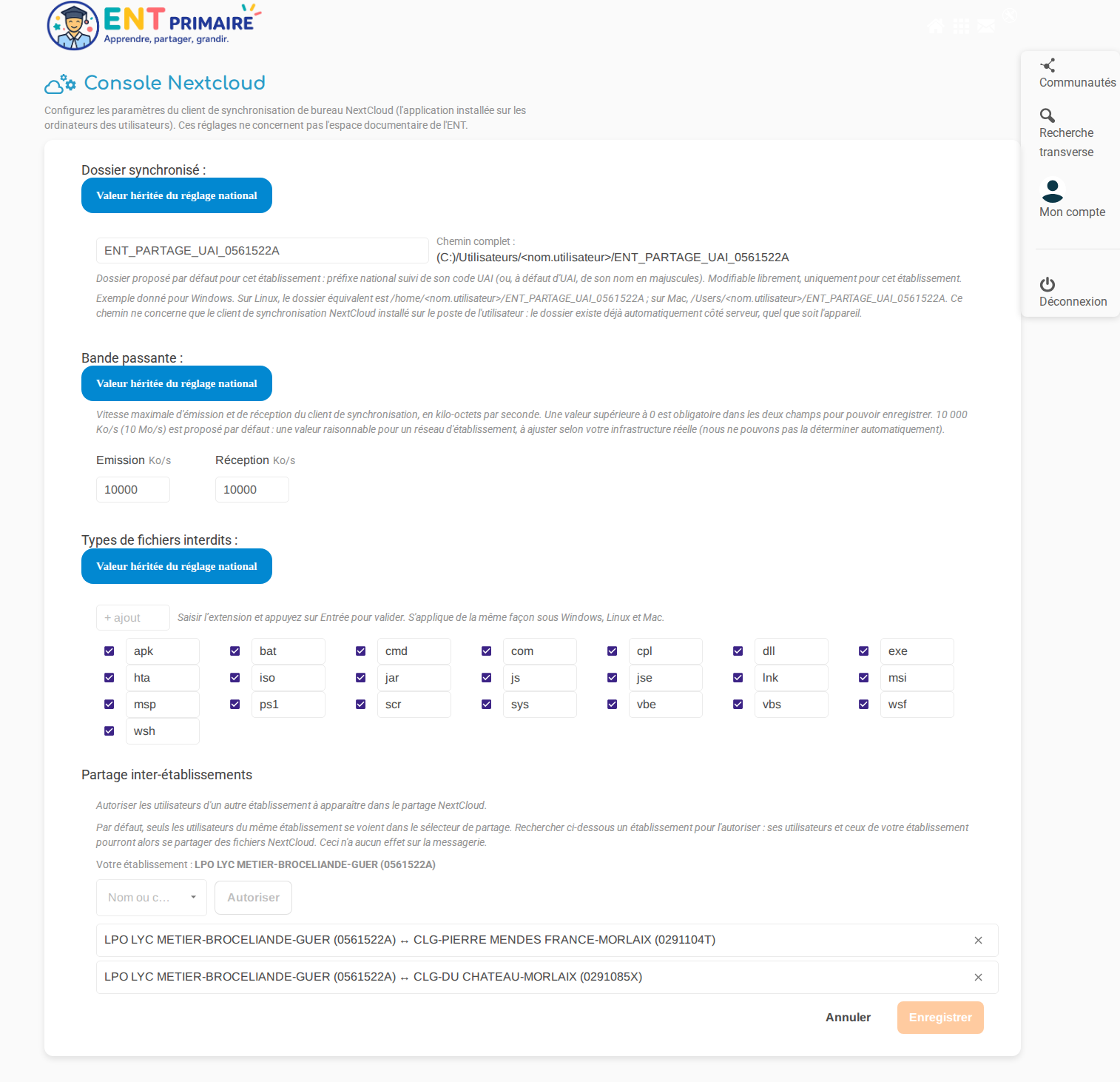 Console NextCloud : extensions interdites, dossier synchronisé et bande passante, avec indication de ce qui est hérité du national