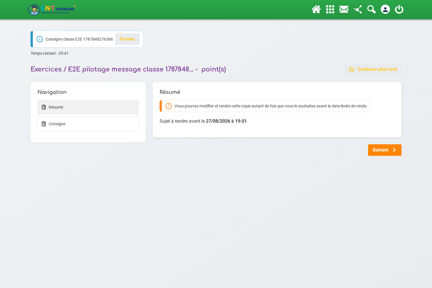 Message de l'enseignant reçu côté élève