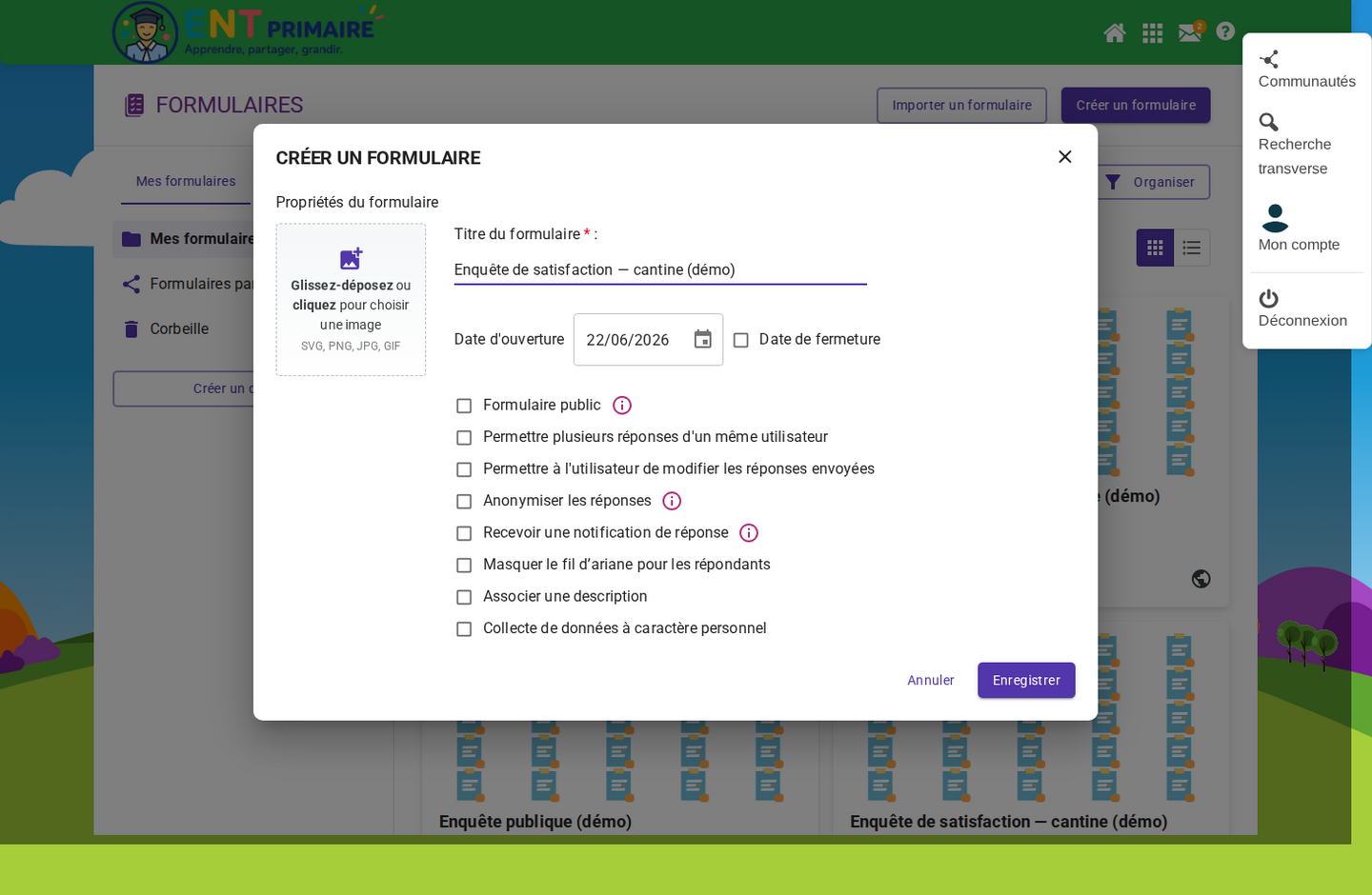 Création d'un formulaire : titre et options de diffusion (anonyme, multi-réponses, date de clôture)