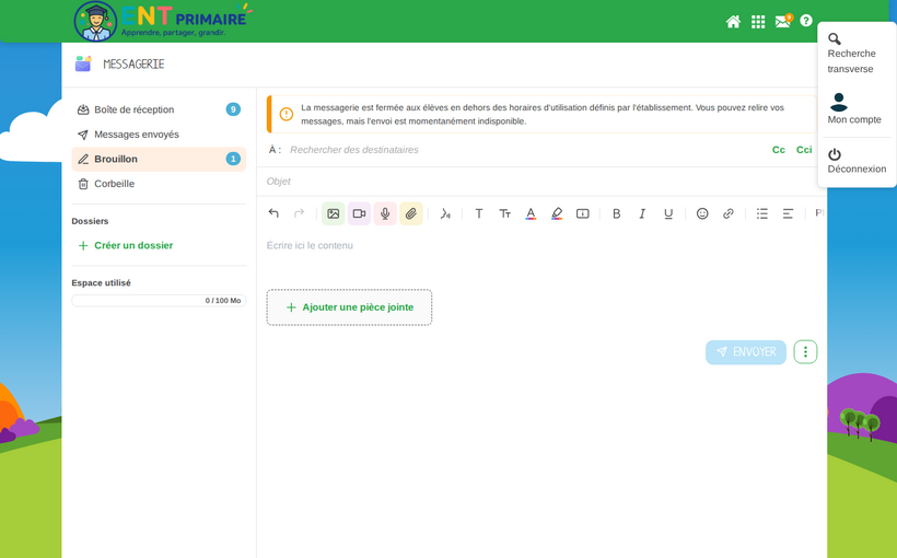 Horaires d'utilisation : vue élève en lecture seule (bandeau + envoi désactivé)