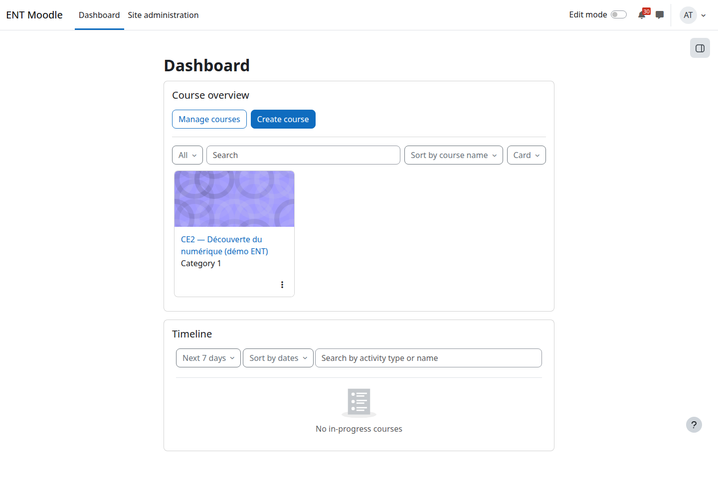 Tableau de bord Moodle (« ENT Moodle ») après connexion