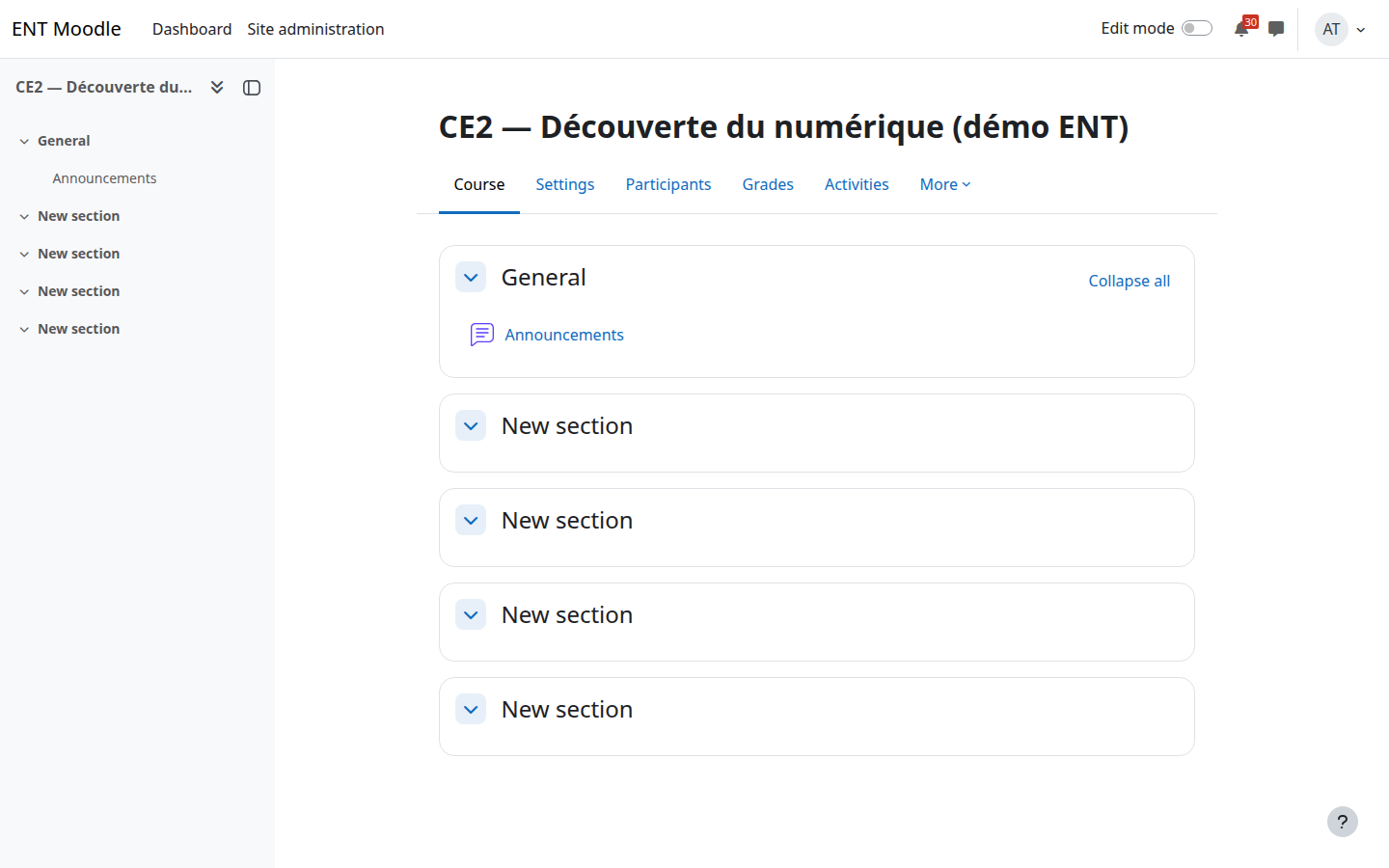 Le cours créé et sa structure en sections