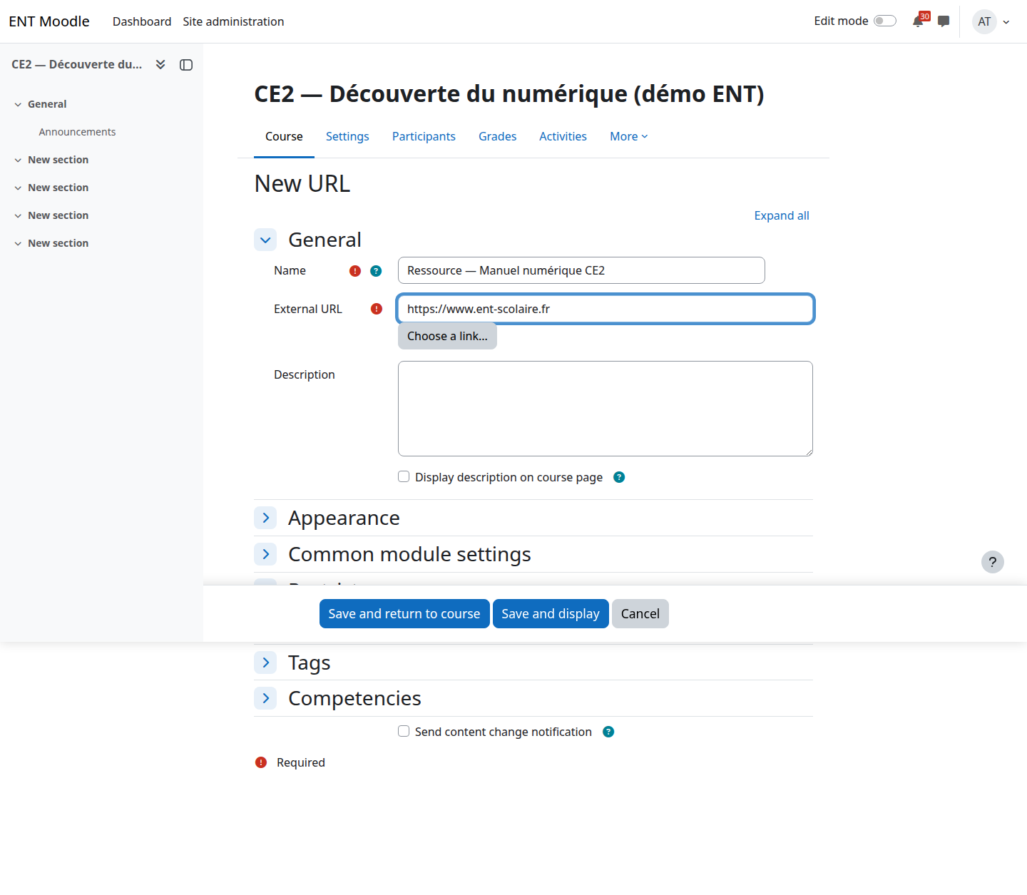 Ajout d'une ressource au cours (lien URL)