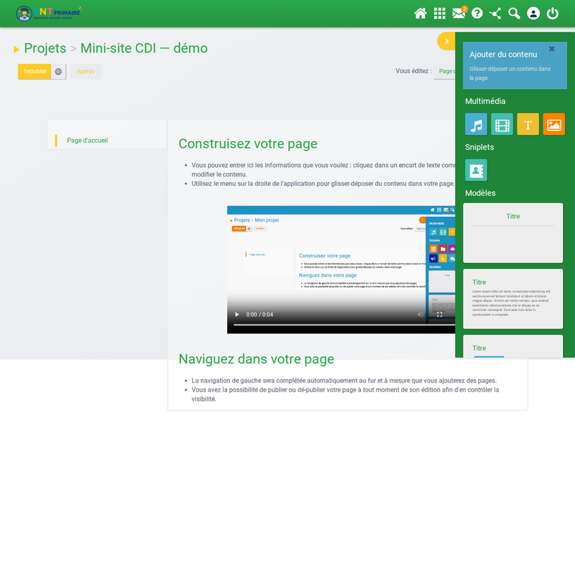 Éditeur de page : panneau « Ajouter du contenu » (multimédia, snippets, modèles)