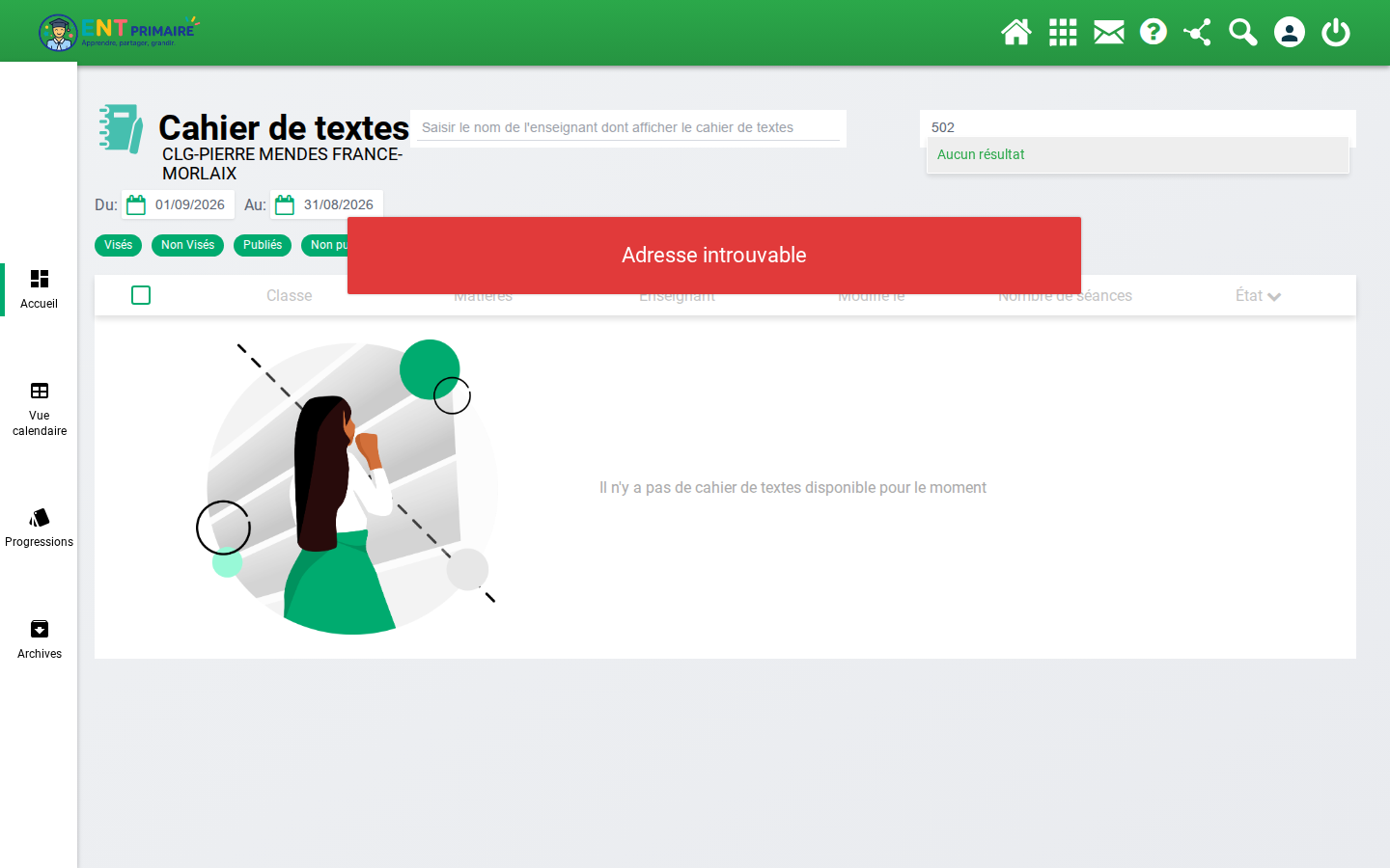 Recherche « 502 » après désactivation : la classe n'apparaît plus dans les suggestions