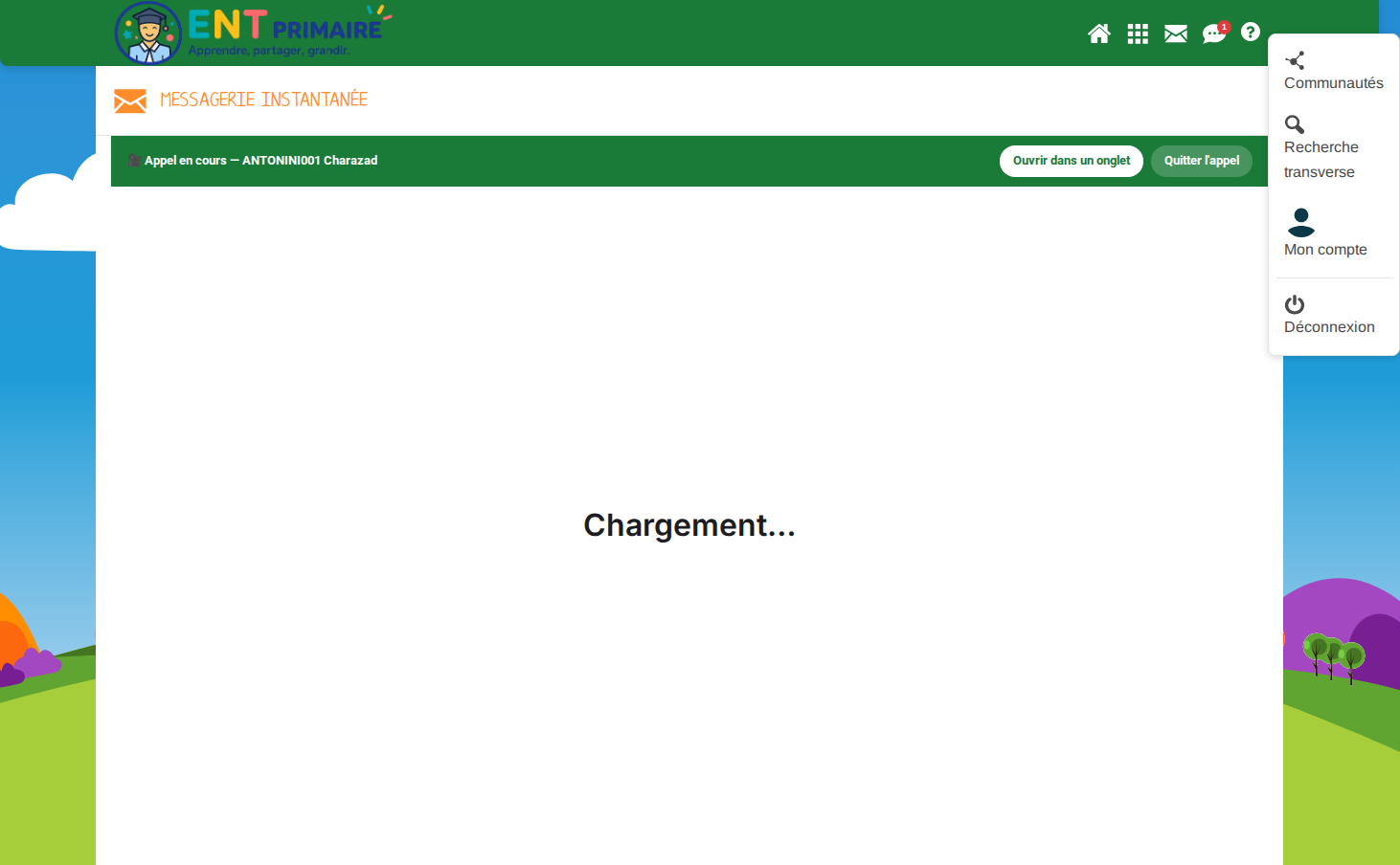 Appel cadré dans la messagerie : bandeau de l'établissement conservé, panneau d'appel et ses deux commandes (capture prise au démarrage de la fenêtre d'appel)