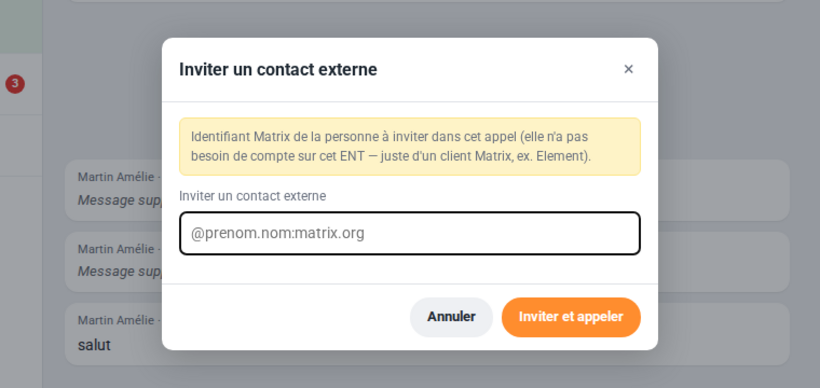 Fenêtre « Inviter un contact externe » : identifiant Matrix attendu au format @prenom.nom:serveur