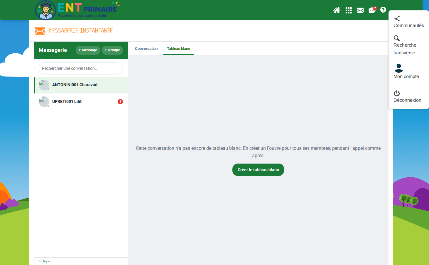 Onglet « Tableau blanc » d'une conversation, avant création : un mur collaboratif partagé avec les membres