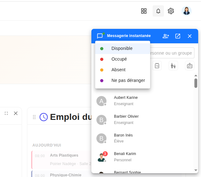 Widget du dashboard : menu de statut ouvert depuis la pastille du header