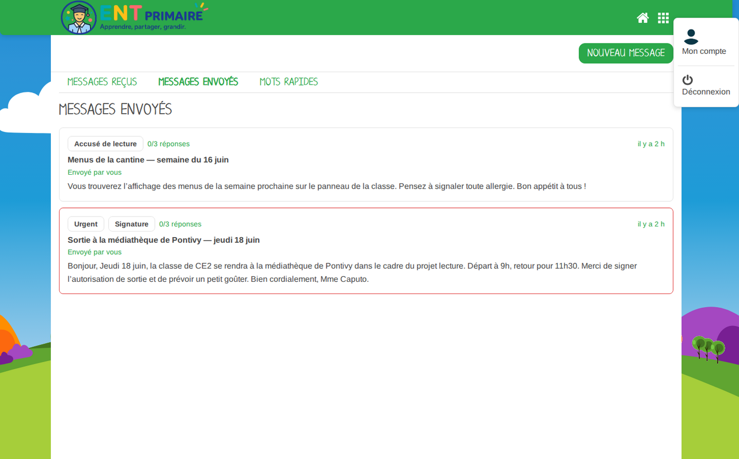 Messages envoyés — type de validation et nombre de réponses reçues