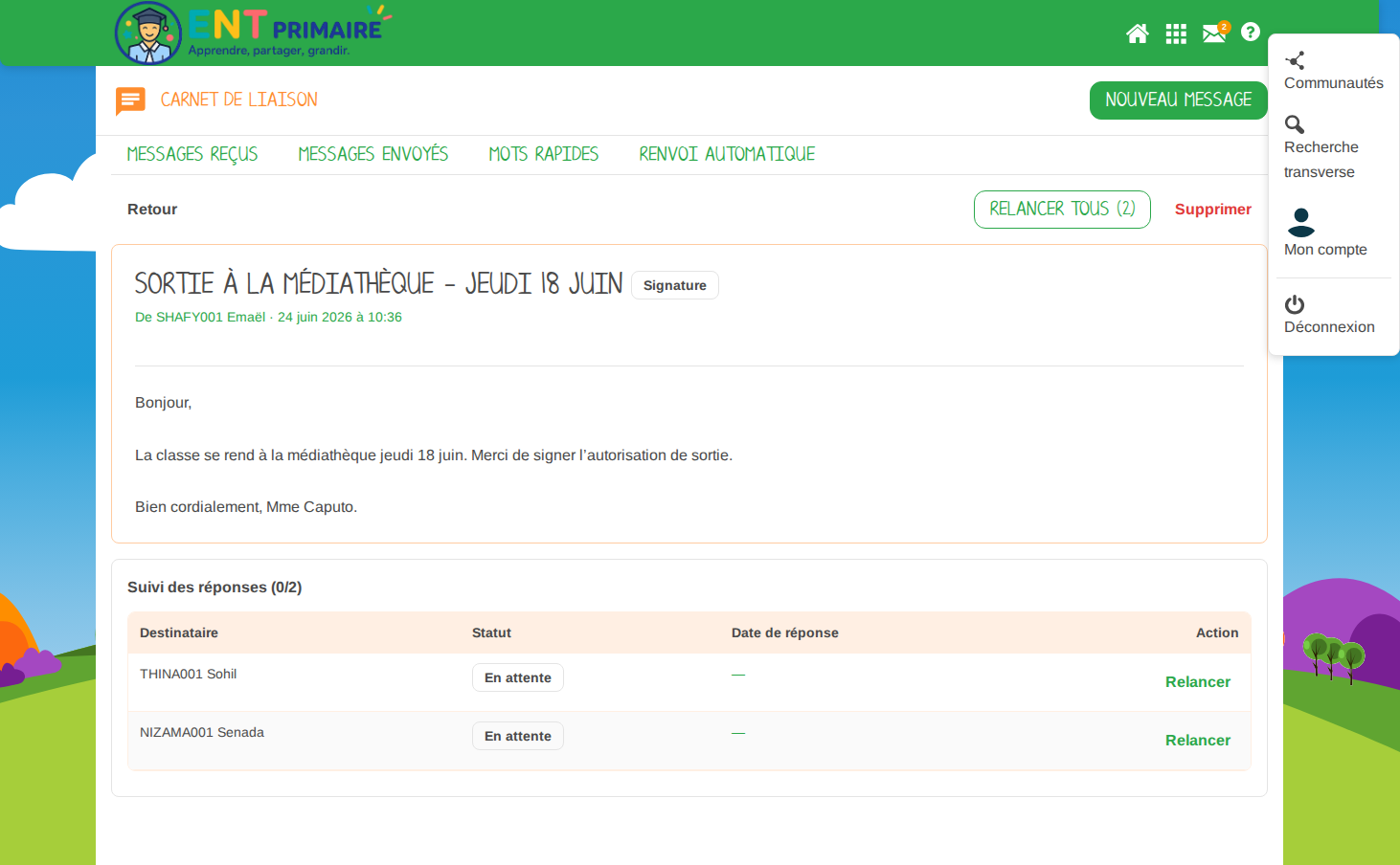 Détail d'un mot et suivi des accusés : chaque destinataire apparaît par son nom