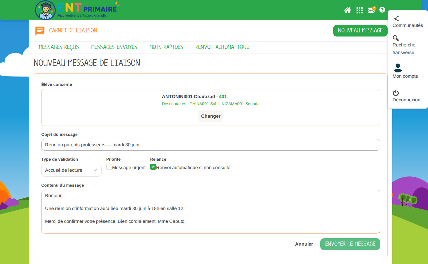 Rédaction d'un mot avec renvoi automatique pré-coché