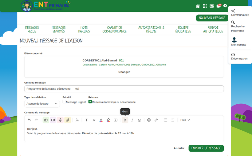 Rédaction avec l'éditeur : barre d'outils (image, vidéo, son, pièce jointe) et texte mis en forme