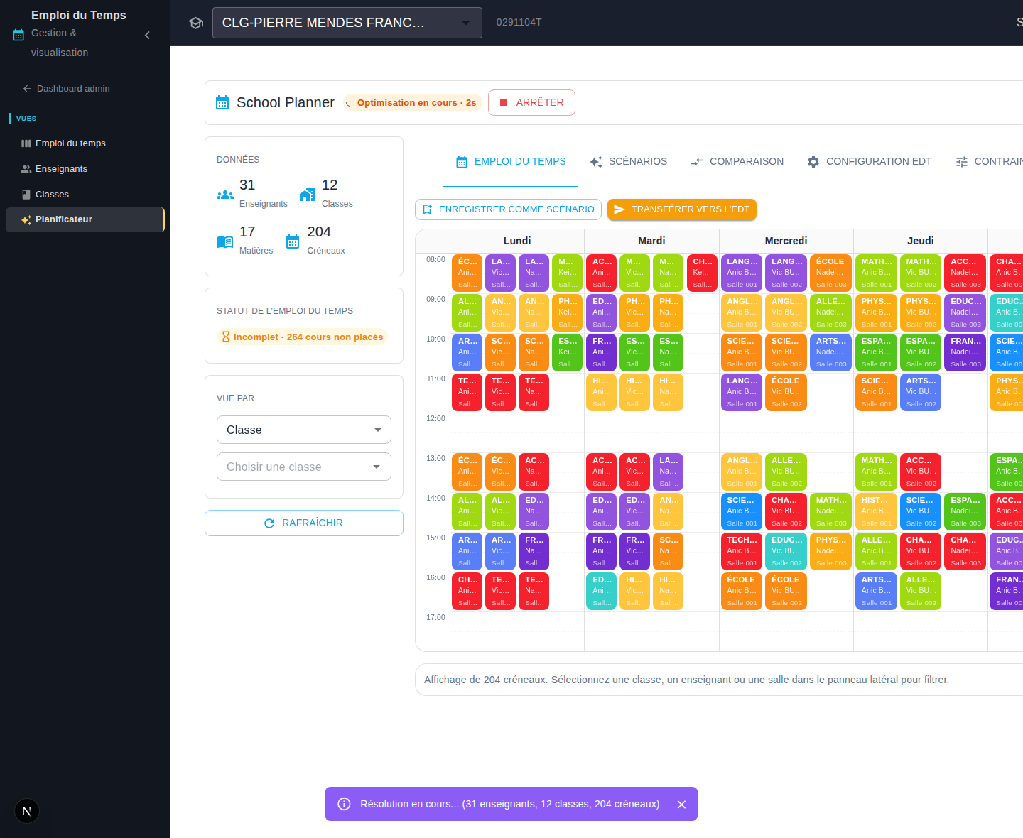 Optimisation en cours : suivi du temps écoulé et bouton « Arrêter »