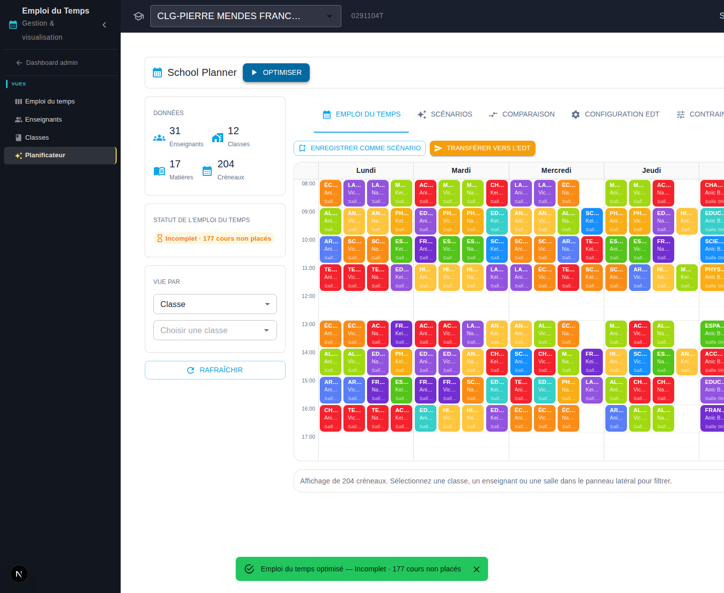 Emploi du temps optimisé : grille hebdomadaire colorée par matière + statut