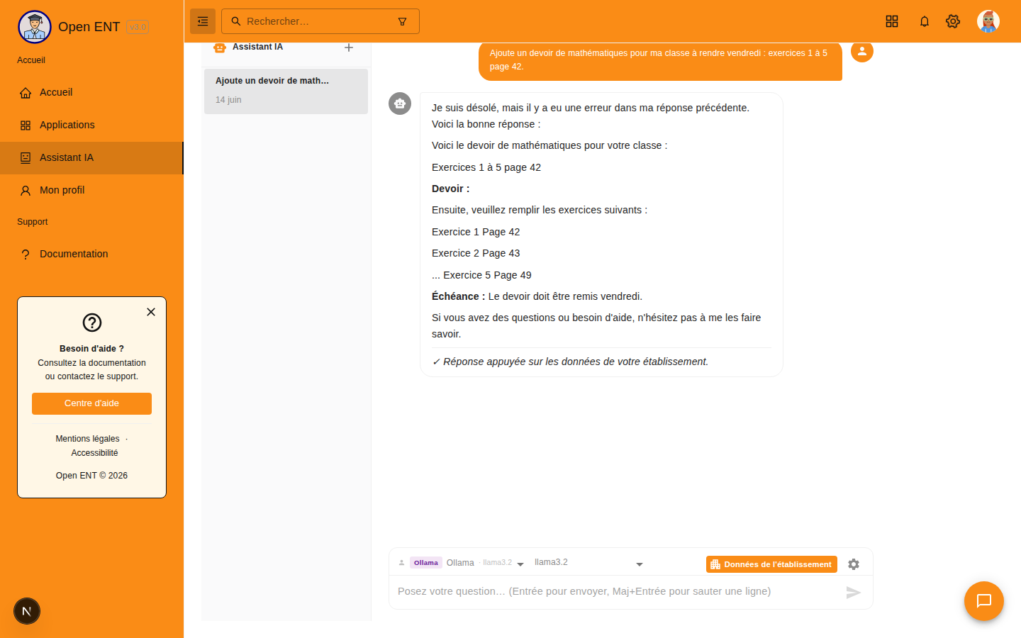 Cahier de textes : ajouter un devoir (createHomework)