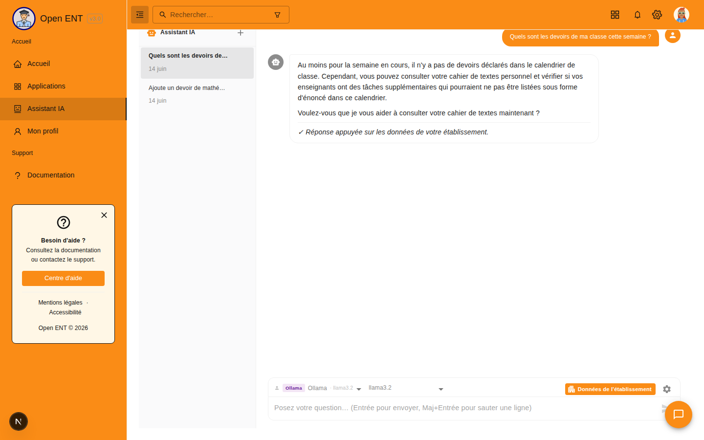 Cahier de textes : consulter les devoirs (getHomework)