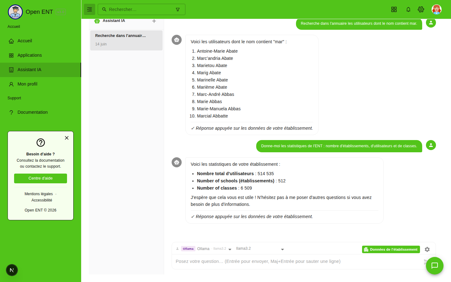 Statistiques de l'ENT (getStats)