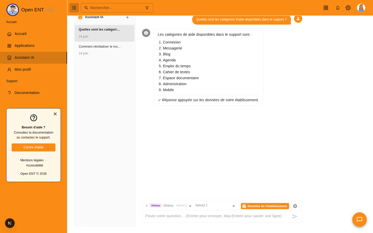 Support : catégories d'aide (listSupportCategories)