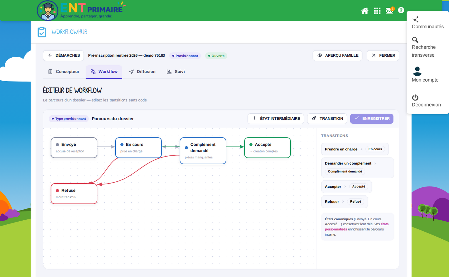 Personnalisation : édition graphique du workflow (états intermédiaires + transitions)
