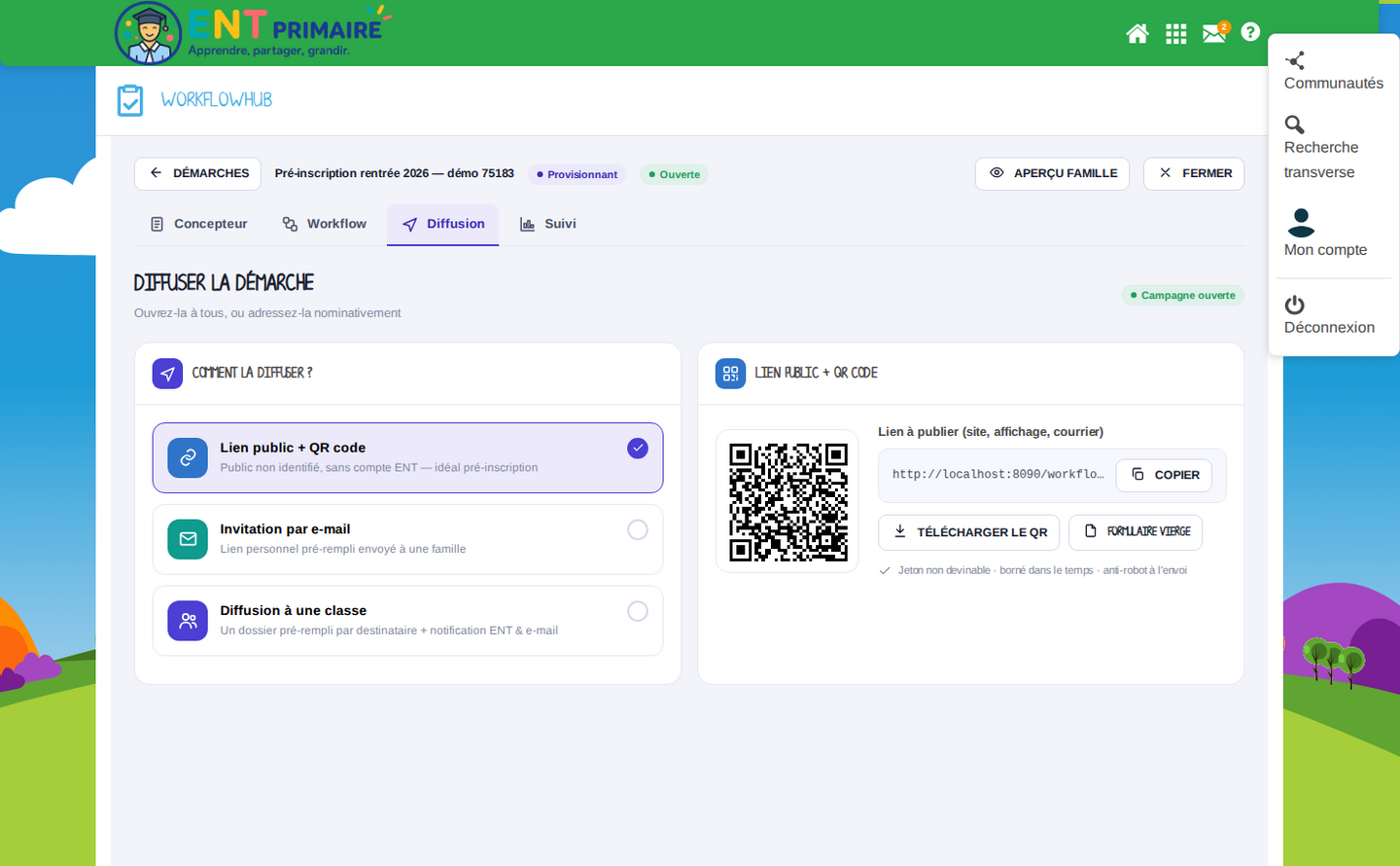 Diffusion aux familles : lien public et QR code