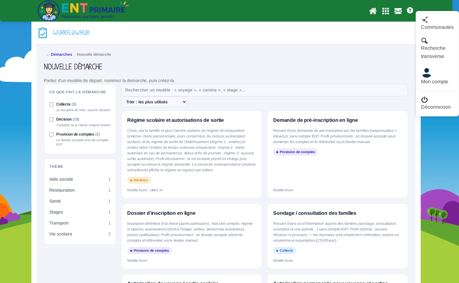 Modèles disponibles par défaut : les démarches du carnet de correspondance, à côté de l'autorisation de voyage ponctuelle