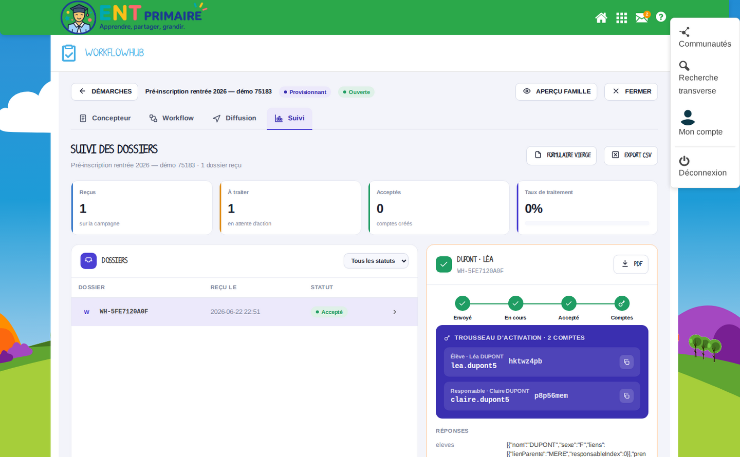 Trousseau d'activation : identifiants (login + code) des comptes créés