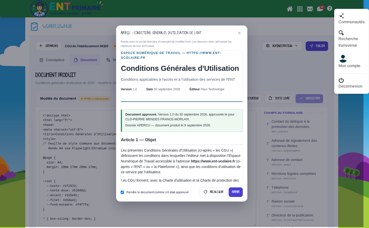 Aperçu du document rendu avec un jeu de données d'exemple, avant ou après approbation